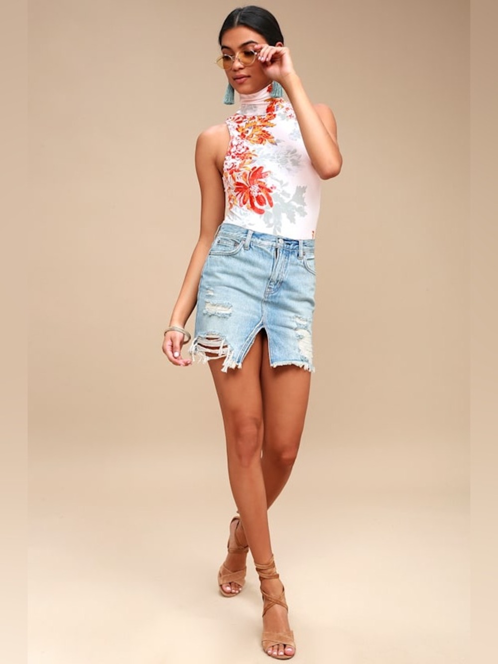 Free People Pixie Ivory Floral Mock Neck Bodysuit XS Boho Keyhole Thong - Picture 5 of 15